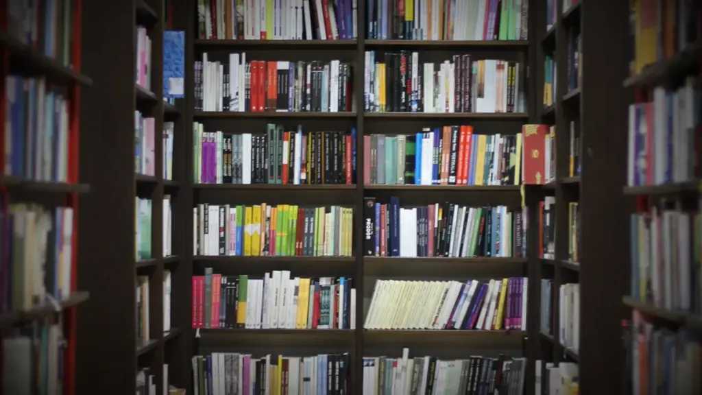 Estantes de biblioteca com livros de diferentes tamanhos.